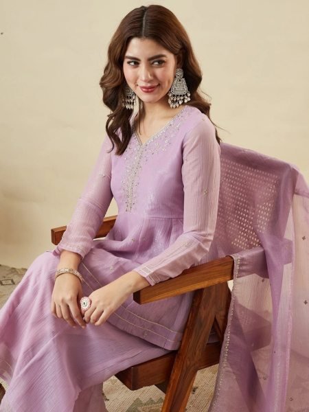 Iconic Lavender Crunchy Silk Sharara Suit with Embroidery Work for Festive Wear Ready To Wear Collection