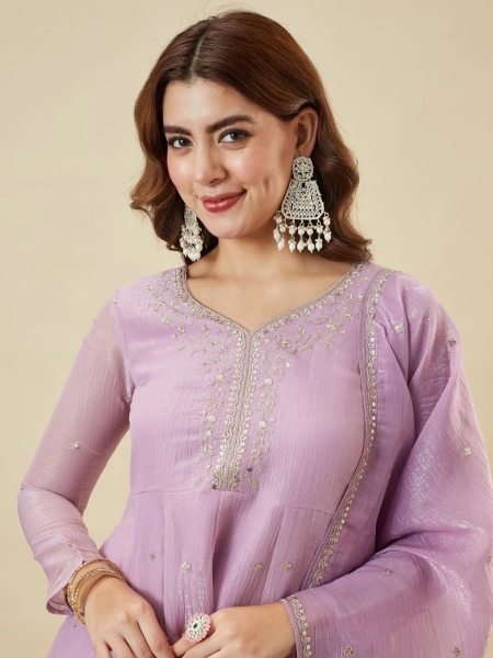 Iconic Lavender Crunchy Silk Sharara Suit with Embroidery Work for Festive Wear Ready To Wear Collection
