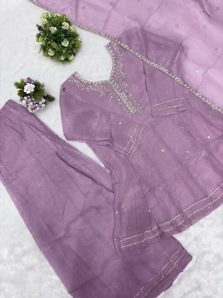 Iconic Lavender Crunchy Silk Sharara Suit with Embroidery Work for Festive Wear Ready To Wear Collection