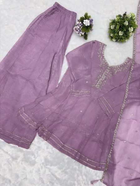 Iconic Lavender Crunchy Silk Sharara Suit with Embroidery Work for Festive Wear Ready To Wear Collection