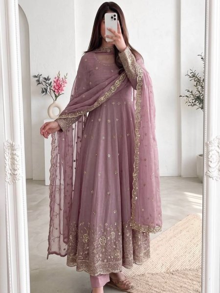 Iconic Lavender Full Stitched Heavy Crunchy Silk Gown Set with Micro Cotton Inner Ready To Wear Suit