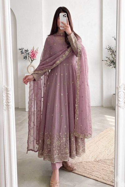 Iconic Lavender Full Stitched Heavy Crunchy Silk Gown Set with Micro Cotton Inner Ready To Wear Collection