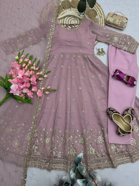 Iconic Lavender Full Stitched Heavy Crunchy Silk Gown Set with Micro Cotton Inner Ready To Wear Collection