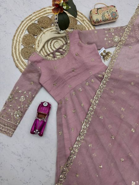 Iconic Lavender Full Stitched Heavy Crunchy Silk Gown Set with Micro Cotton Inner Ready To Wear Collection