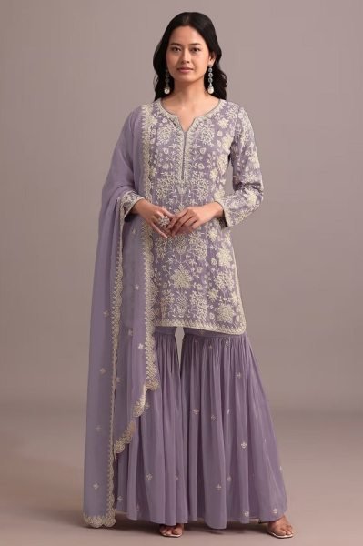 Iconic Lavender Wedding Wear Georgette Suit with Lace Dupatta at Manufacturer Price Sharara Set