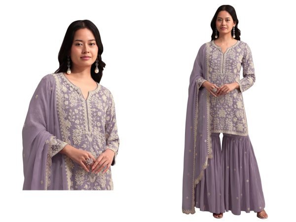 Iconic Lavender Wedding Wear Georgette Suit with Lace Dupatta at Manufacturer Price Sharara Set
