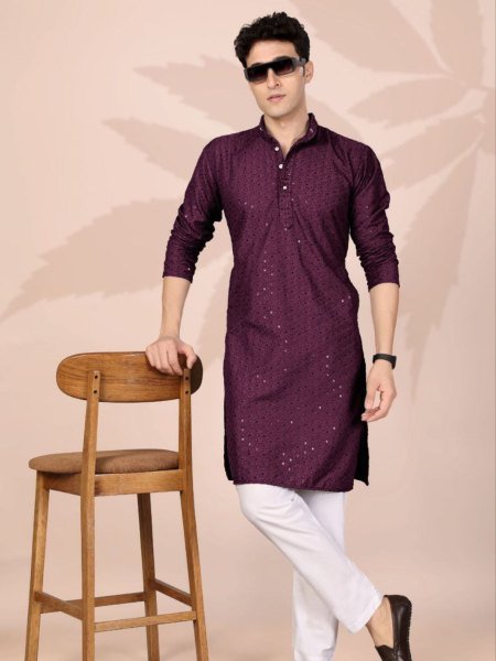 Iconic Magenta Cotton Lucknowi Embroidery Kurta for Men Festive Wear at Wholesale Rate