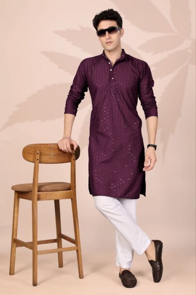 Iconic Magenta Cotton Lucknowi Embroidery Kurta for Men Festive Wear at Wholesale Rate Kurta Pajama Wholesale