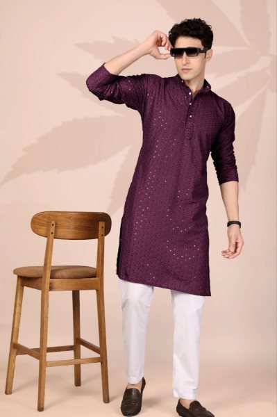 Iconic Magenta Cotton Lucknowi Embroidery Kurta for Men Festive Wear at Wholesale Rate Kurta Pajama Wholesale