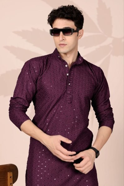 Iconic Magenta Cotton Lucknowi Embroidery Kurta for Men Festive Wear at Wholesale Rate Kurta Pajama Wholesale
