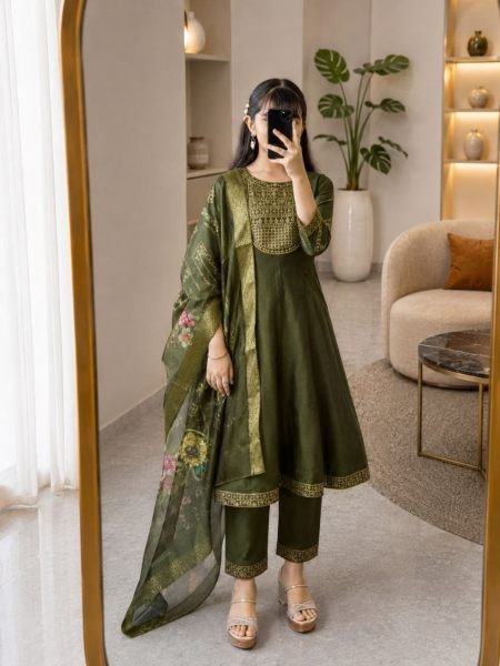 Iconic Mahendi Green Girls Party Wear Anarkali Kurti Pant Dupatta 3 Piece Set 