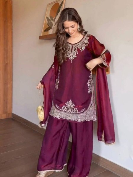 Iconic Maroon Fendy Silk Top Plazzo Dupatta Set with Sequins Work Ready To Wear Suit