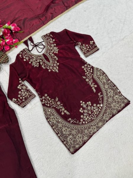 Iconic Maroon Fendy Silk Top Plazzo Dupatta Set with Sequins Work Ready To Wear Collection