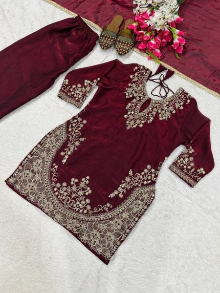 Iconic Maroon Fendy Silk Top Plazzo Dupatta Set with Sequins Work Ready To Wear Collection