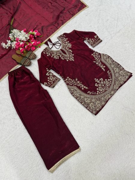 Iconic Maroon Fendy Silk Top Plazzo Dupatta Set with Sequins Work Ready To Wear Collection
