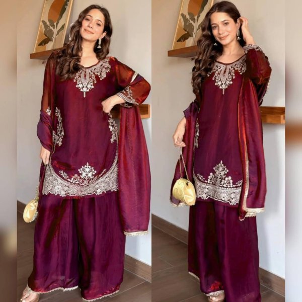 Iconic Maroon Fendy Silk Top Plazzo Dupatta Set with Sequins Work Ready To Wear Collection
