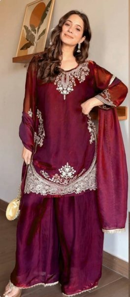 Iconic Maroon Fendy Silk Top Plazzo Dupatta Set with Sequins Work Ready To Wear Collection