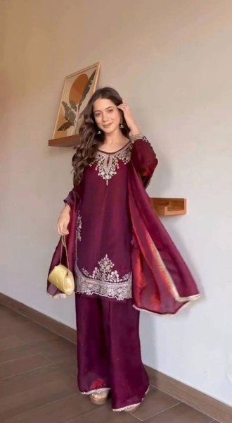 Iconic Maroon Fendy Silk Top Plazzo Dupatta Set with Sequins Work Ready To Wear Collection