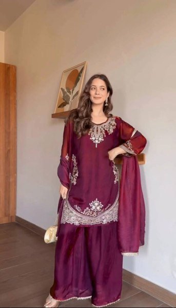Iconic Maroon Fendy Silk Top Plazzo Dupatta Set with Sequins Work Ready To Wear Collection