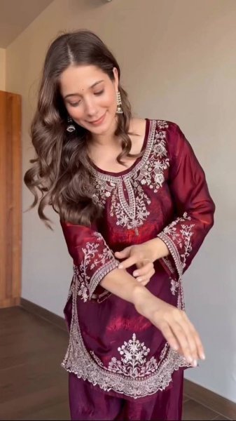 Iconic Maroon Fendy Silk Top Plazzo Dupatta Set with Sequins Work Ready To Wear Collection