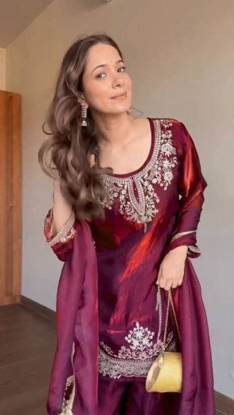 Iconic Maroon Fendy Silk Top Plazzo Dupatta Set with Sequins Work Ready To Wear Collection