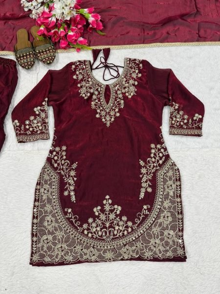 Iconic Maroon Fendy Silk Top Plazzo Dupatta Set with Sequins Work Ready To Wear Collection