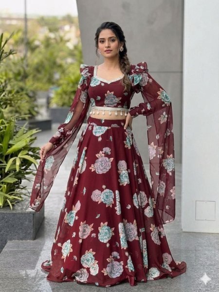 Iconic Maroon Floral Handpainted Organza Lehenga Set With Ruffled Sleeves.  Designer Lehenga Choli