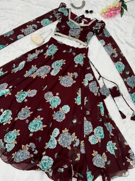 Iconic Maroon Floral Handpainted Organza Lehenga Set With Ruffled Sleeves.  Designer Lehenga Choli