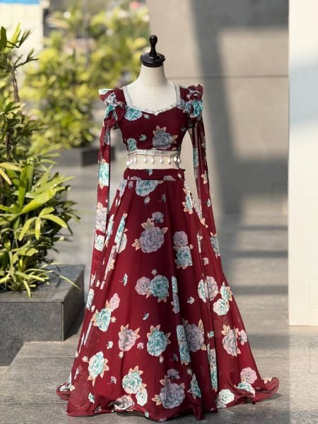 Iconic Maroon Floral Handpainted Organza Lehenga Set With Ruffled Sleeves.  Designer Lehenga Choli