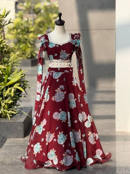 Iconic Maroon Floral Handpainted Organza Lehenga Set With Ruffled Sleeves.  Designer Lehenga Choli