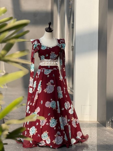 Iconic Maroon Floral Handpainted Organza Lehenga Set With Ruffled Sleeves.  Designer Lehenga Choli
