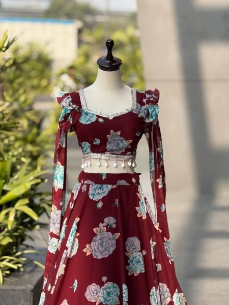 Iconic Maroon Floral Handpainted Organza Lehenga Set With Ruffled Sleeves.  Designer Lehenga Choli