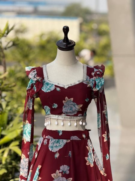Iconic Maroon Floral Handpainted Organza Lehenga Set With Ruffled Sleeves.  Designer Lehenga Choli