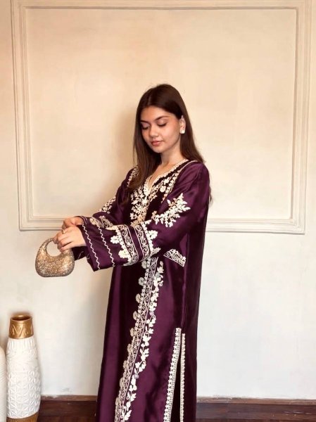 Iconic Maroon Oversized Kaftan with Embroidery and Organza Lace Dupatta Ready To Wear Collection