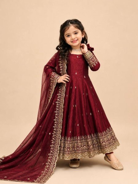 Iconic Maroon Kids Fendy Silk Gown Set with Sequins Embroidery and Dupatta For Wedding 