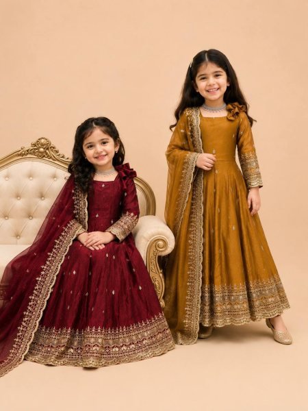 Iconic Maroon Kids Fendy Silk Gown Set with Sequins Embroidery and Dupatta For Wedding Girls Wear