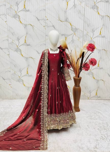 Iconic Maroon Kids Fendy Silk Gown Set with Sequins Embroidery and Dupatta For Wedding Girls Wear