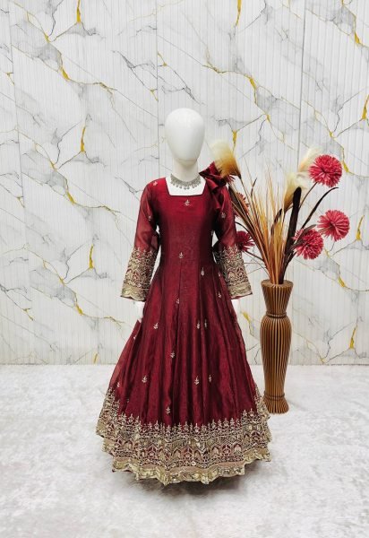Iconic Maroon Kids Fendy Silk Gown Set with Sequins Embroidery and Dupatta For Wedding Girls Wear