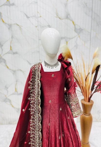 Iconic Maroon Kids Fendy Silk Gown Set with Sequins Embroidery and Dupatta For Wedding Girls Wear