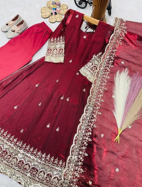 Iconic Maroon Kids Fendy Silk Gown Set with Sequins Embroidery and Dupatta For Wedding Girls Wear