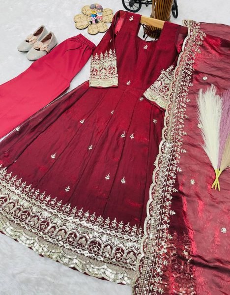 Iconic Maroon Kids Fendy Silk Gown Set with Sequins Embroidery and Dupatta For Wedding Girls Wear
