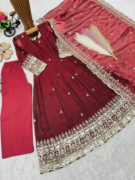 Iconic Maroon Kids Fendy Silk Gown Set with Sequins Embroidery and Dupatta For Wedding Girls Wear