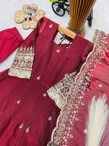 Iconic Maroon Kids Fendy Silk Gown Set with Sequins Embroidery and Dupatta For Wedding Girls Wear