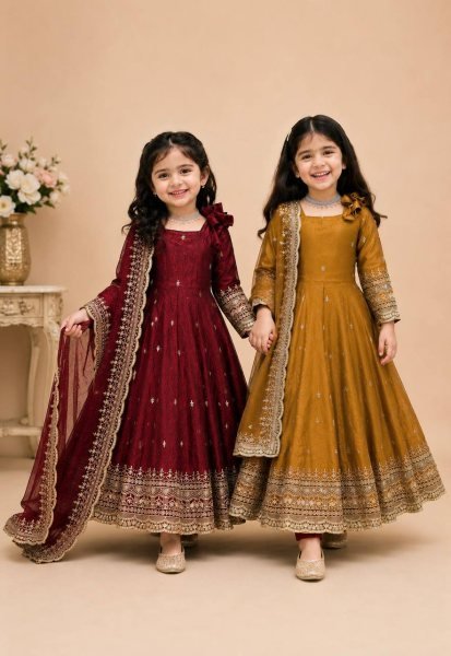 Iconic Maroon Kids Fendy Silk Gown Set with Sequins Embroidery and Dupatta For Wedding Girls Wear