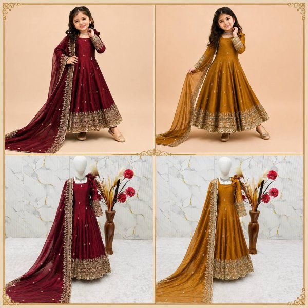 Iconic Maroon Kids Fendy Silk Gown Set with Sequins Embroidery and Dupatta For Wedding Girls Wear