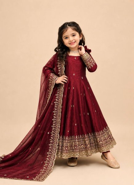 Iconic Maroon Kids Fendy Silk Gown Set with Sequins Embroidery and Dupatta For Wedding Girls Wear
