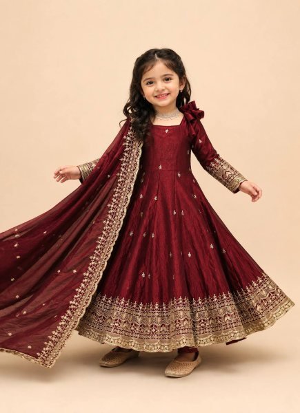 Iconic Maroon Kids Fendy Silk Gown Set with Sequins Embroidery and Dupatta For Wedding Girls Wear