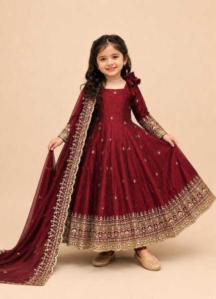 Iconic Maroon Kids Fendy Silk Gown Set with Sequins Embroidery and Dupatta For Wedding Girls Wear