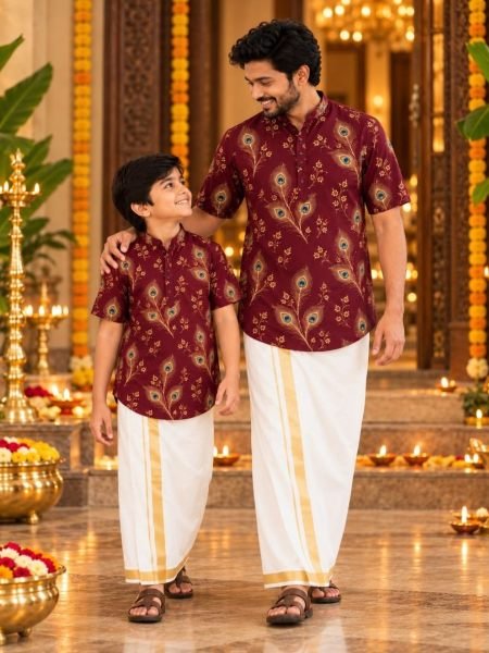 Iconic Maroon Magic Cotton Digital Print Shirts for Father and Son at Wholesale Rate 