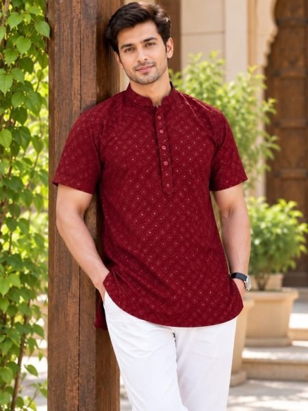 Iconic Maroon Rayon Chikan Work Kurta with Front and Back Embroidery Mens Wear